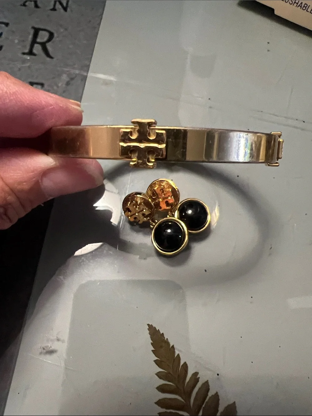 Tory Burch Gold-Tone Bangle and Black Cabochon Clip Earrings